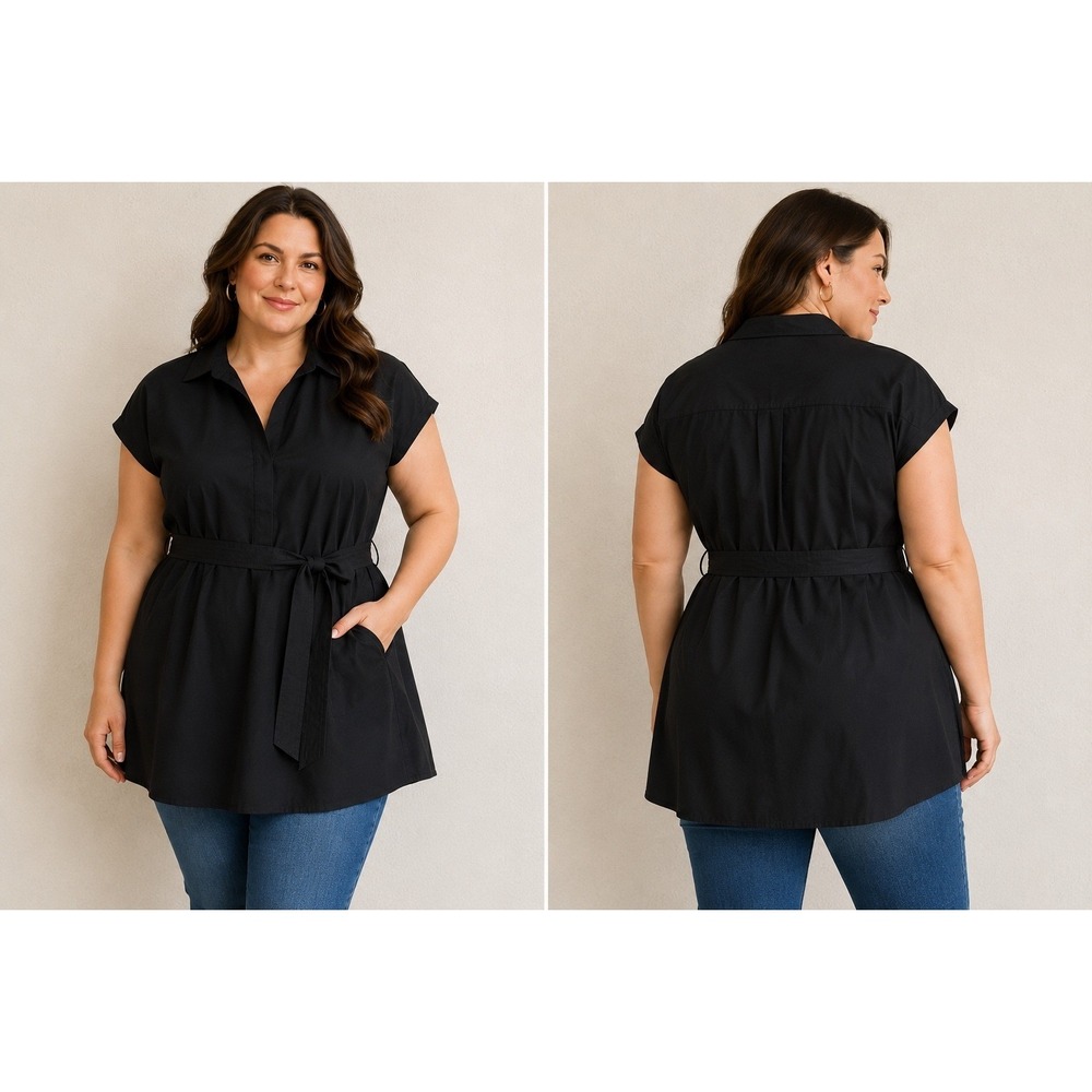 NWT Lane Bryant SZ 18 Black Cotton Sleeveless Button Down Belted Tunic Top